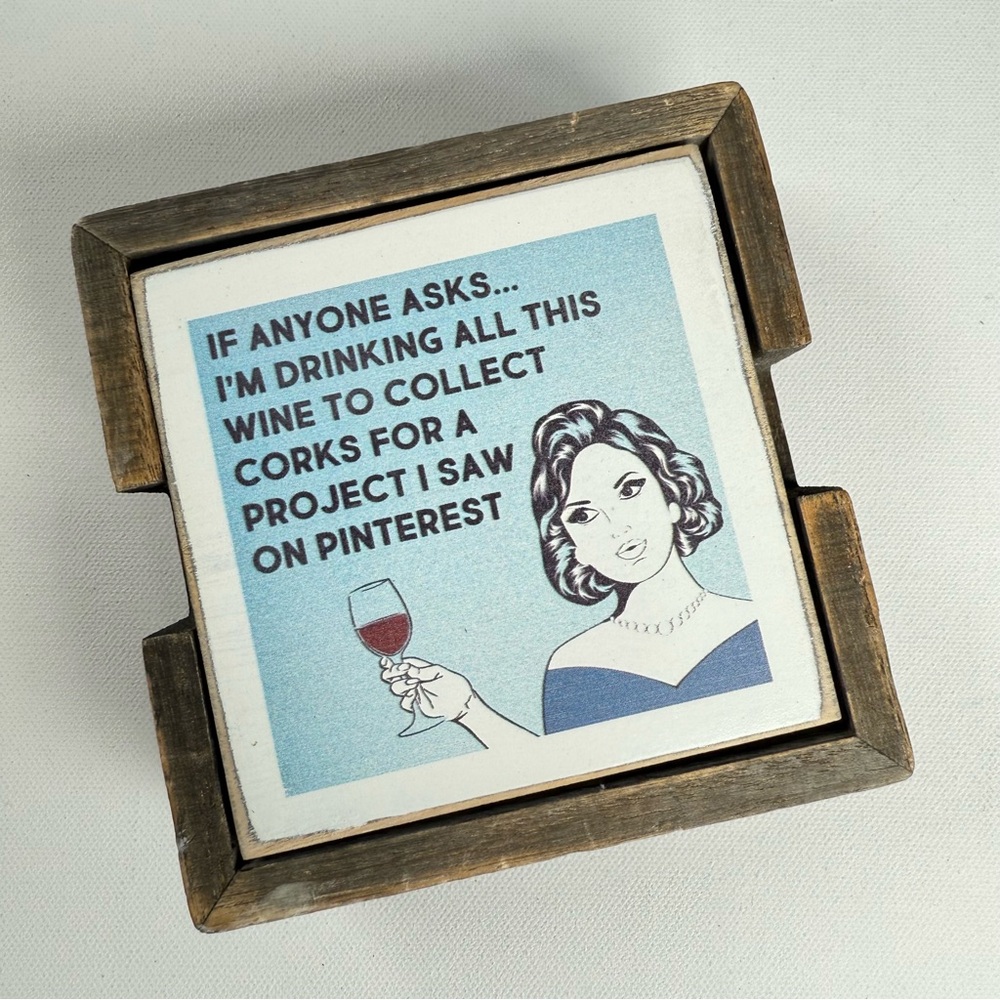 Zumatico Humorous Wooden Wine Coasters with Vintage Illustration Set of 4‎